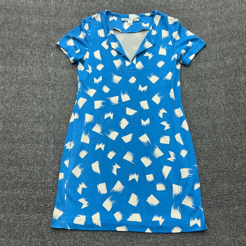 Diane von Furstenberg Silk Knit Tunic Dress Blue White Brushstroke 8 V-Neck